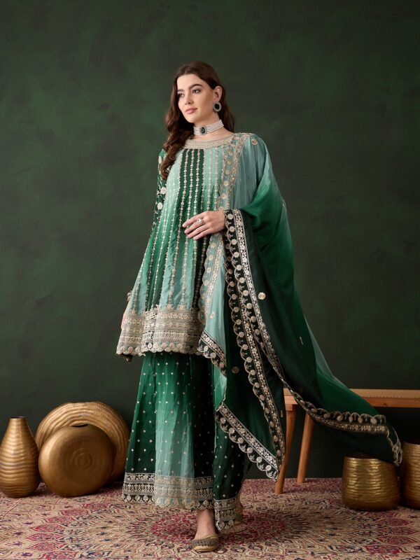 Elegant Green Embroidered Flared Top Kurta Sharara Set with Round Neck & Regular Sleeves
