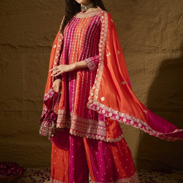 Elegant Orange Embroidered Flared Top Kurta Sharara Set with Round Neck & Regular Sleeves