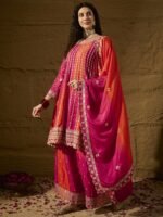 Elegant Orange Embroidered Flared Top Kurta Sharara Set with Round Neck & Regular Sleeves