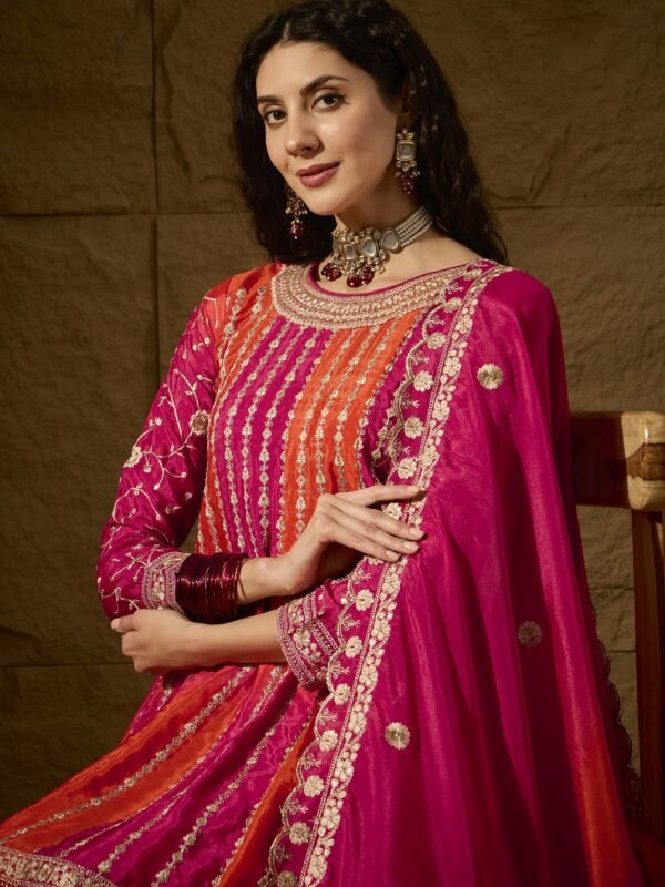 Elegant Orange Embroidered Flared Top Kurta Sharara Set with Round Neck & Regular Sleeves