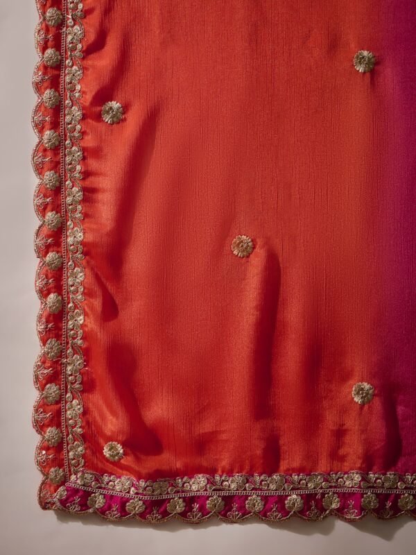 Elegant Orange Embroidered Flared Top Kurta Sharara Set with Round Neck & Regular Sleeves