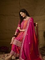 Elegant Orange Embroidered Flared Top Kurta Sharara Set with Round Neck & Regular Sleeves