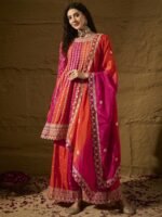 Elegant Orange Embroidered Flared Top Kurta Sharara Set with Round Neck & Regular Sleeves