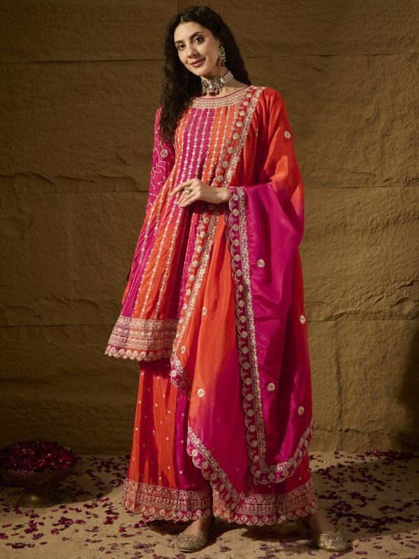 Elegant Orange Embroidered Flared Top Kurta Sharara Set with Round Neck & Regular Sleeves