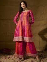 Elegant Orange Embroidered Flared Top Kurta Sharara Set with Round Neck & Regular Sleeves