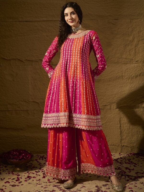 Elegant Orange Embroidered Flared Top Kurta Sharara Set with Round Neck & Regular Sleeves