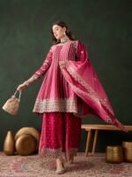 Elegant Pink Embroidered Flared Top Kurta Sharara Set with Round Neck & Regular Sleeves