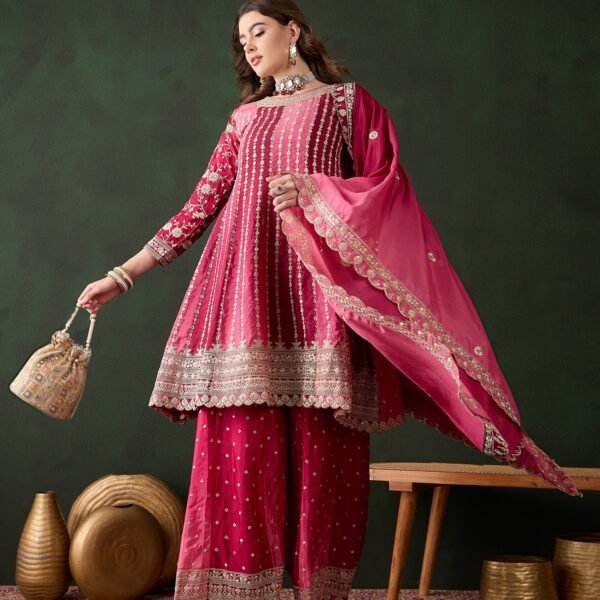 Elegant Pink Embroidered Flared Top Kurta Sharara Set with Round Neck & Regular Sleeves