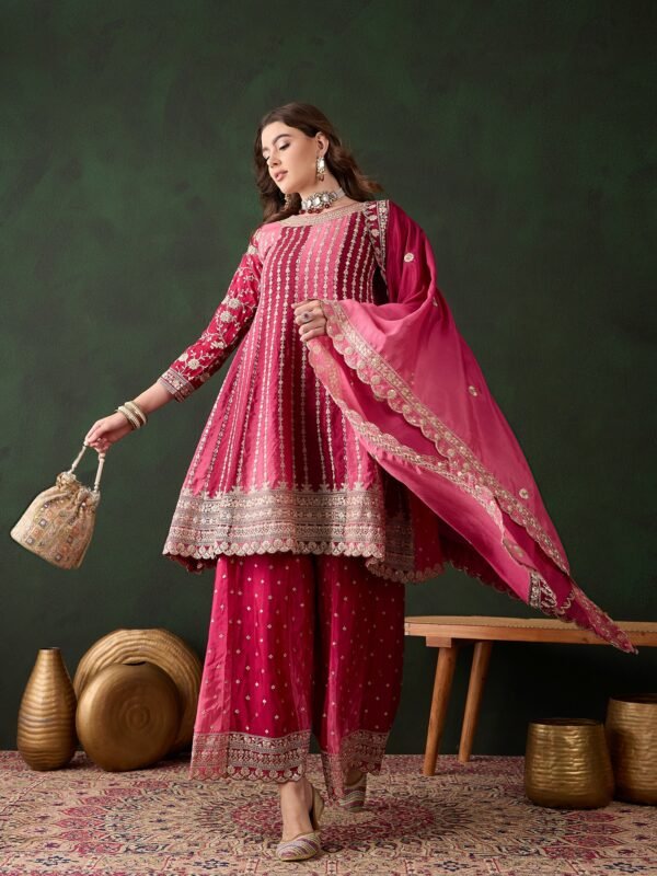 Elegant Pink Embroidered Flared Top Kurta Sharara Set with Round Neck & Regular Sleeves