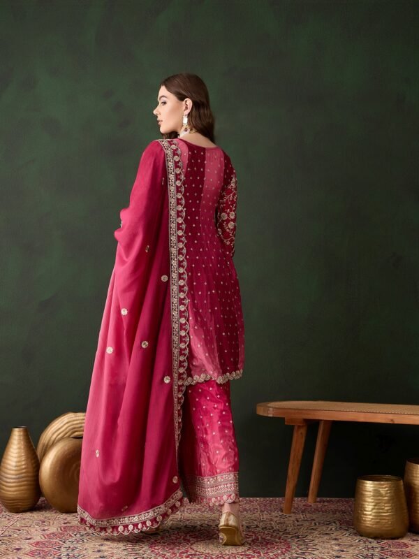 Elegant Pink Embroidered Flared Top Kurta Sharara Set with Round Neck & Regular Sleeves