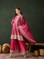 Elegant Pink Embroidered Flared Top Kurta Sharara Set with Round Neck & Regular Sleeves