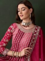Elegant Pink Embroidered Flared Top Kurta Sharara Set with Round Neck & Regular Sleeves
