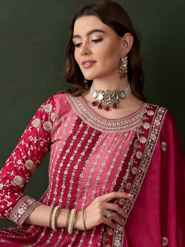 Elegant Pink Embroidered Flared Top Kurta Sharara Set with Round Neck & Regular Sleeves
