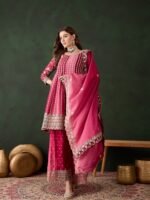 Elegant Pink Embroidered Flared Top Kurta Sharara Set with Round Neck & Regular Sleeves