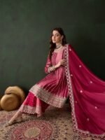 Elegant Pink Embroidered Flared Top Kurta Sharara Set with Round Neck & Regular Sleeves