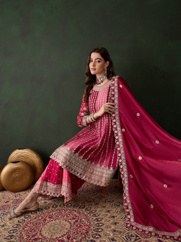 Elegant Pink Embroidered Flared Top Kurta Sharara Set with Round Neck & Regular Sleeves