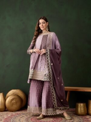 Elegant Purple Embroidered Flared Top Kurta Sharara Set with Round Neck & Regular Sleeves