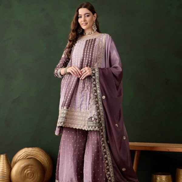 Elegant Purple Embroidered Flared Top Kurta Sharara Set with Round Neck & Regular Sleeves