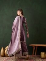 Elegant Purple Embroidered Flared Top Kurta Sharara Set with Round Neck & Regular Sleeves