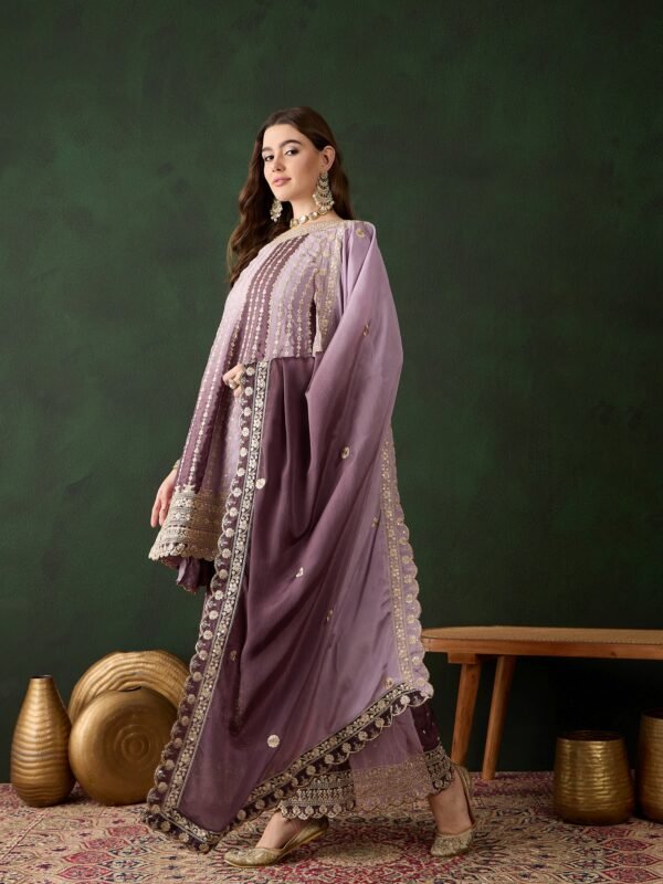 Elegant Purple Embroidered Flared Top Kurta Sharara Set with Round Neck & Regular Sleeves