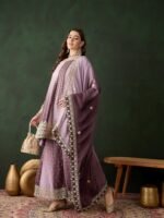 Elegant Purple Embroidered Flared Top Kurta Sharara Set with Round Neck & Regular Sleeves