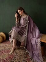 Elegant Purple Embroidered Flared Top Kurta Sharara Set with Round Neck & Regular Sleeves