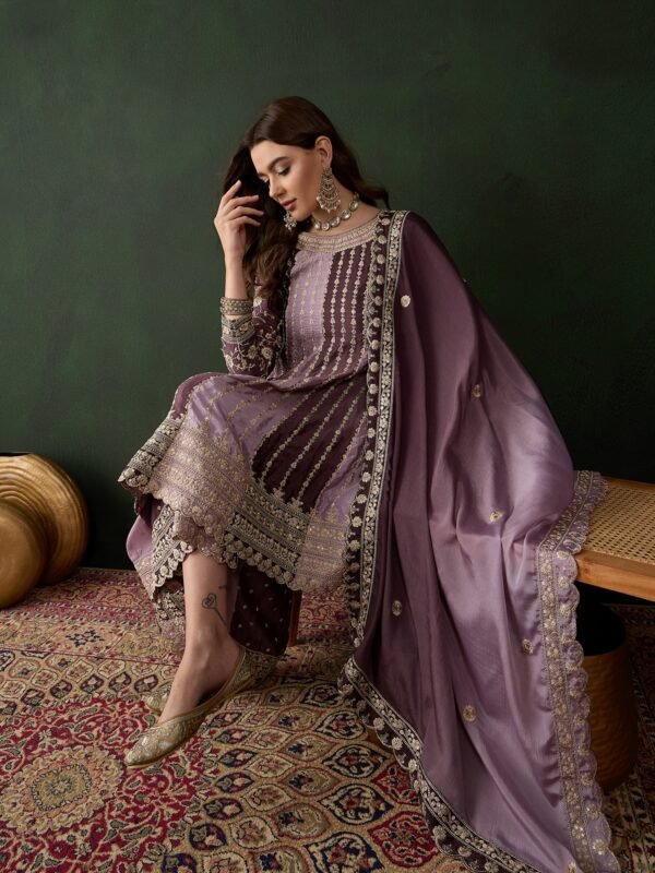 Elegant Purple Embroidered Flared Top Kurta Sharara Set with Round Neck & Regular Sleeves