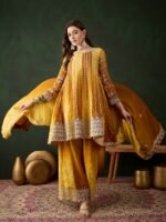 Elegant Yellow Embroidered Flared Top Kurta Sharara Set with Round Neck & Regular Sleeves