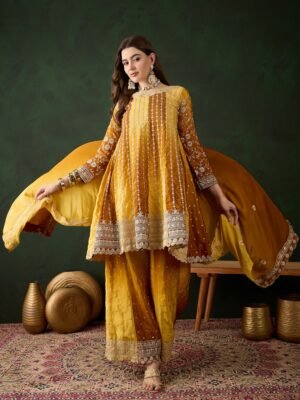 Elegant Yellow Embroidered Flared Top Kurta Sharara Set with Round Neck & Regular Sleeves