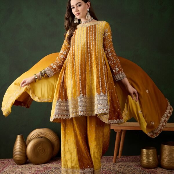 Elegant Yellow Embroidered Flared Top Kurta Sharara Set with Round Neck & Regular Sleeves