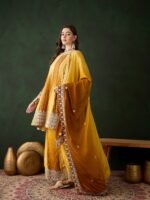 Elegant Yellow Embroidered Flared Top Kurta Sharara Set with Round Neck & Regular Sleeves