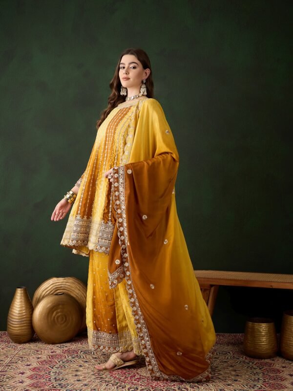 Elegant Yellow Embroidered Flared Top Kurta Sharara Set with Round Neck & Regular Sleeves