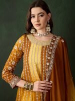 Elegant Yellow Embroidered Flared Top Kurta Sharara Set with Round Neck & Regular Sleeves