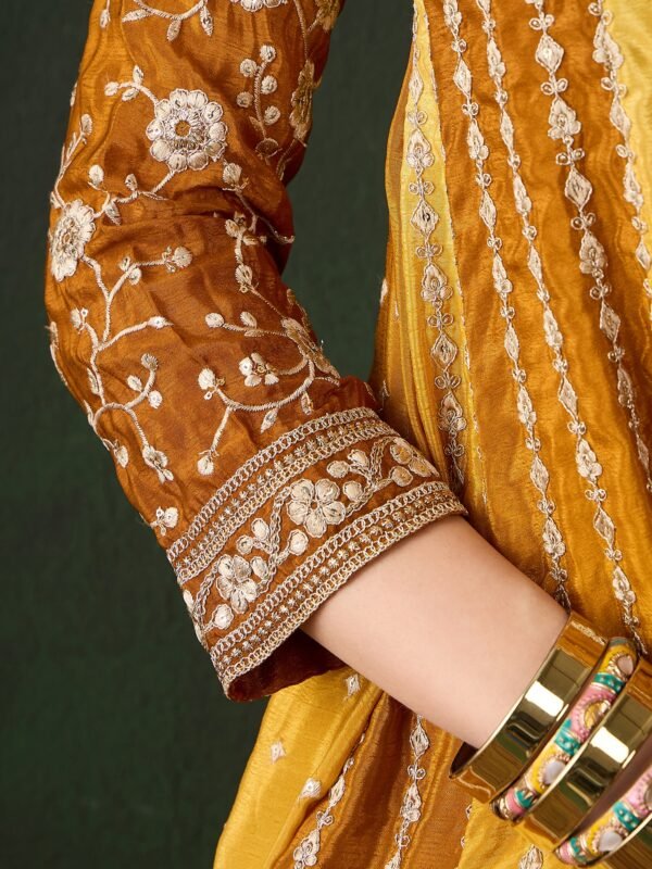 Elegant Yellow Embroidered Flared Top Kurta Sharara Set with Round Neck & Regular Sleeves