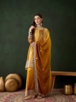 Elegant Yellow Embroidered Flared Top Kurta Sharara Set with Round Neck & Regular Sleeves