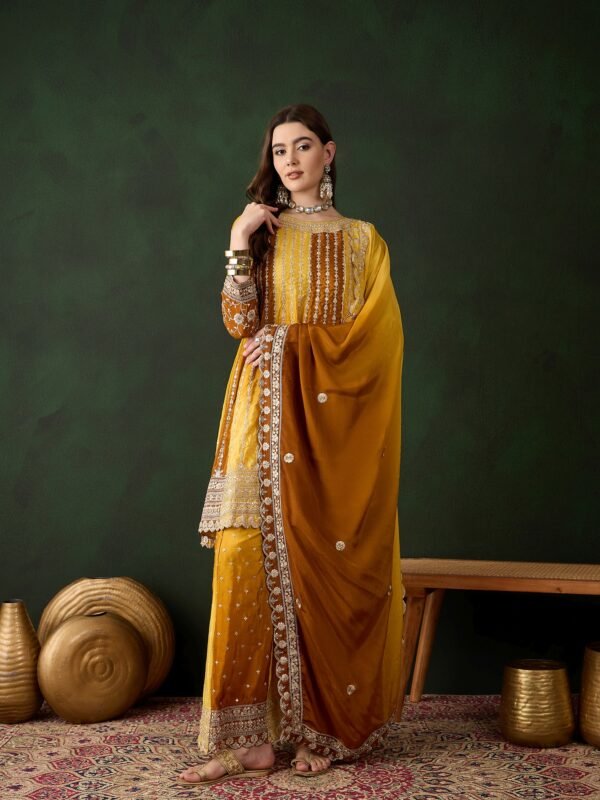 Elegant Yellow Embroidered Flared Top Kurta Sharara Set with Round Neck & Regular Sleeves