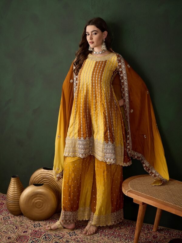 Elegant Yellow Embroidered Flared Top Kurta Sharara Set with Round Neck & Regular Sleeves