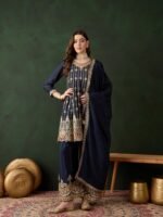 Elegant Blue Embroidered Flared Top Kurta Palazzo Set with Round Neck & Regular Sleeves