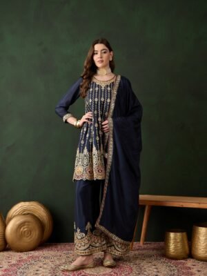 Elegant Blue Embroidered Flared Top Kurta Palazzo Set with Round Neck & Regular Sleeves