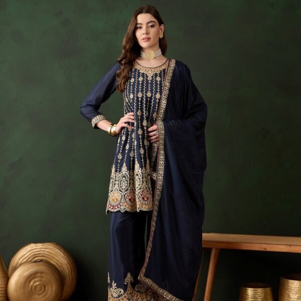 Elegant Blue Embroidered Flared Top Kurta Palazzo Set with Round Neck & Regular Sleeves