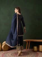 Elegant Blue Embroidered Flared Top Kurta Palazzo Set with Round Neck & Regular Sleeves