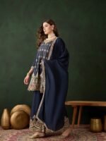 Elegant Blue Embroidered Flared Top Kurta Palazzo Set with Round Neck & Regular Sleeves