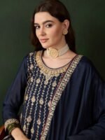 Elegant Blue Embroidered Flared Top Kurta Palazzo Set with Round Neck & Regular Sleeves