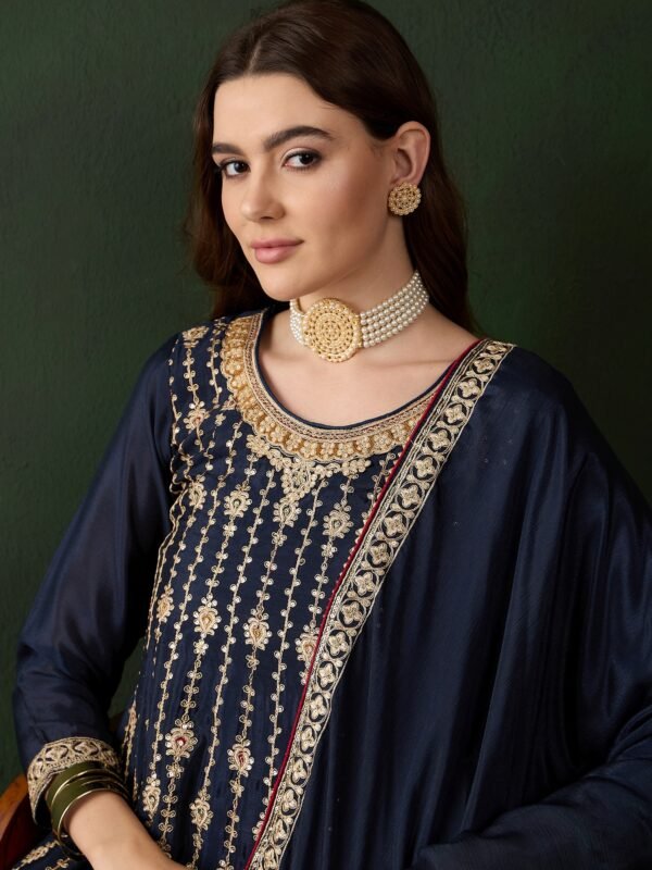 Elegant Blue Embroidered Flared Top Kurta Palazzo Set with Round Neck & Regular Sleeves