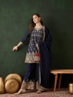 Elegant Blue Embroidered Flared Top Kurta Palazzo Set with Round Neck & Regular Sleeves