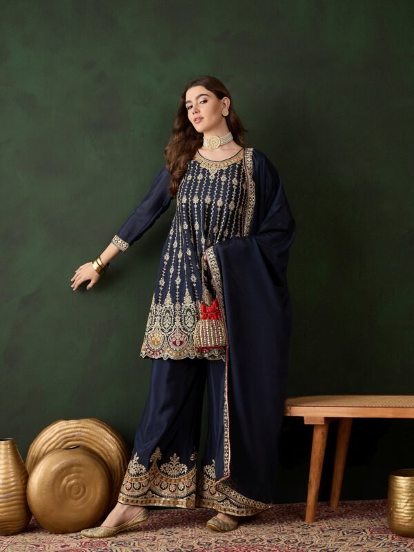 Elegant Blue Embroidered Flared Top Kurta Palazzo Set with Round Neck & Regular Sleeves