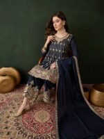 Elegant Blue Embroidered Flared Top Kurta Palazzo Set with Round Neck & Regular Sleeves
