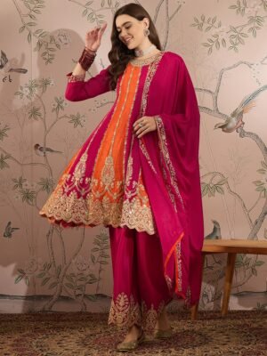 Elegant Pink Embroidered Flared Top Kurta Palazzo Set with Round Neck & Regular Sleeves