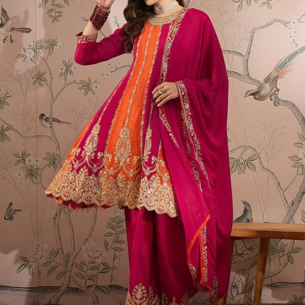 Elegant Pink Embroidered Flared Top Kurta Palazzo Set with Round Neck & Regular Sleeves
