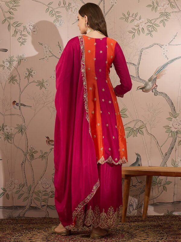 Elegant Pink Embroidered Flared Top Kurta Palazzo Set with Round Neck & Regular Sleeves